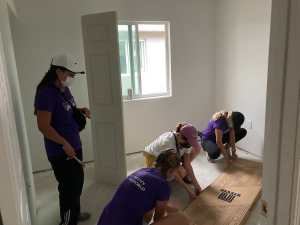 Women putting together furniture and painting house